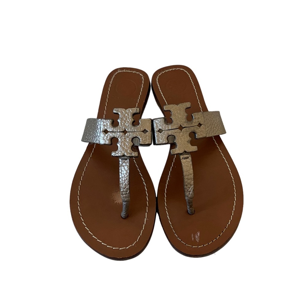 Tory Burch Logo Moore Sandals Thong Flip Flops in Pewter 6